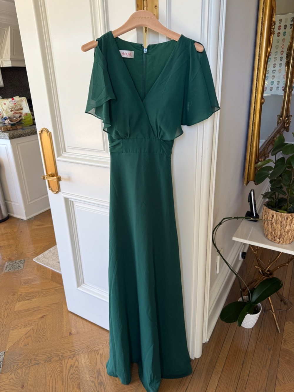 JJs House Deep Green V-Neck Flutter Sleeve Maxi Gown